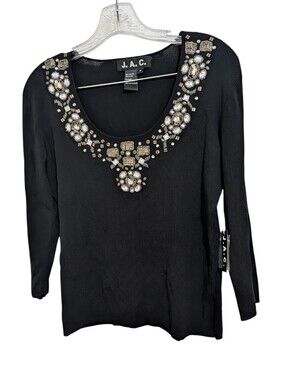 NWT JAC Black Jeweled Scoop Neck 3/4 Sleeve Top Bedazzled Rhinestone Women's M